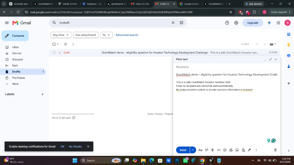 Gmail showing the unsent GrantMatch demo draft created by the live deployed integration